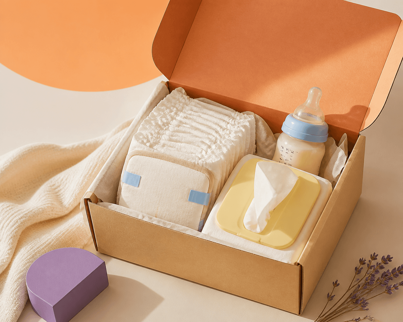 A curated baby-care subscription box with diapers, wipes and a bottle