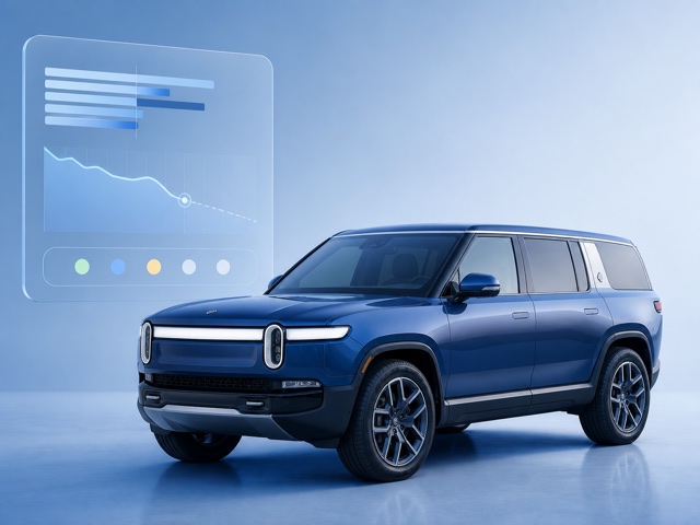 A deep blue family car beside an abstract AI valuation report