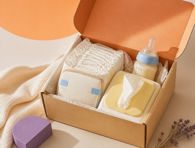 A curated baby-care subscription box with diapers, wipes and a bottle
